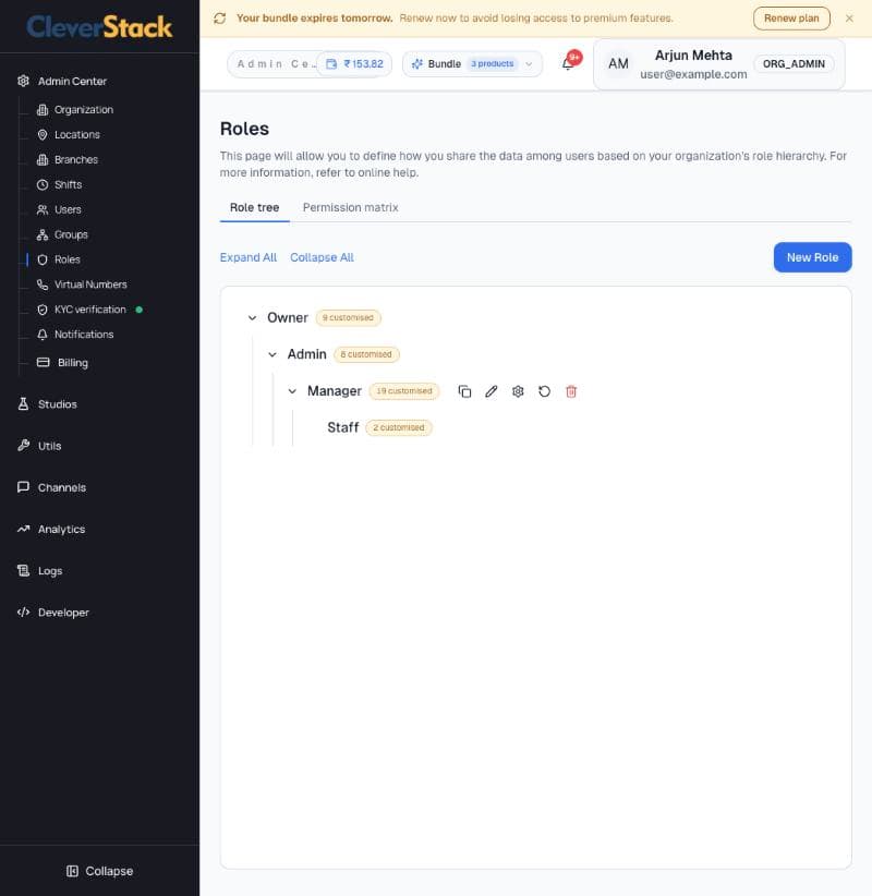 Actions that appear when you hover a role