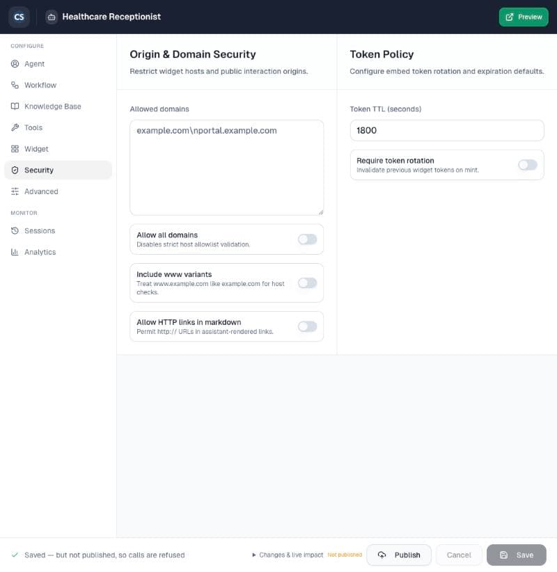 Allowed domains and token policy