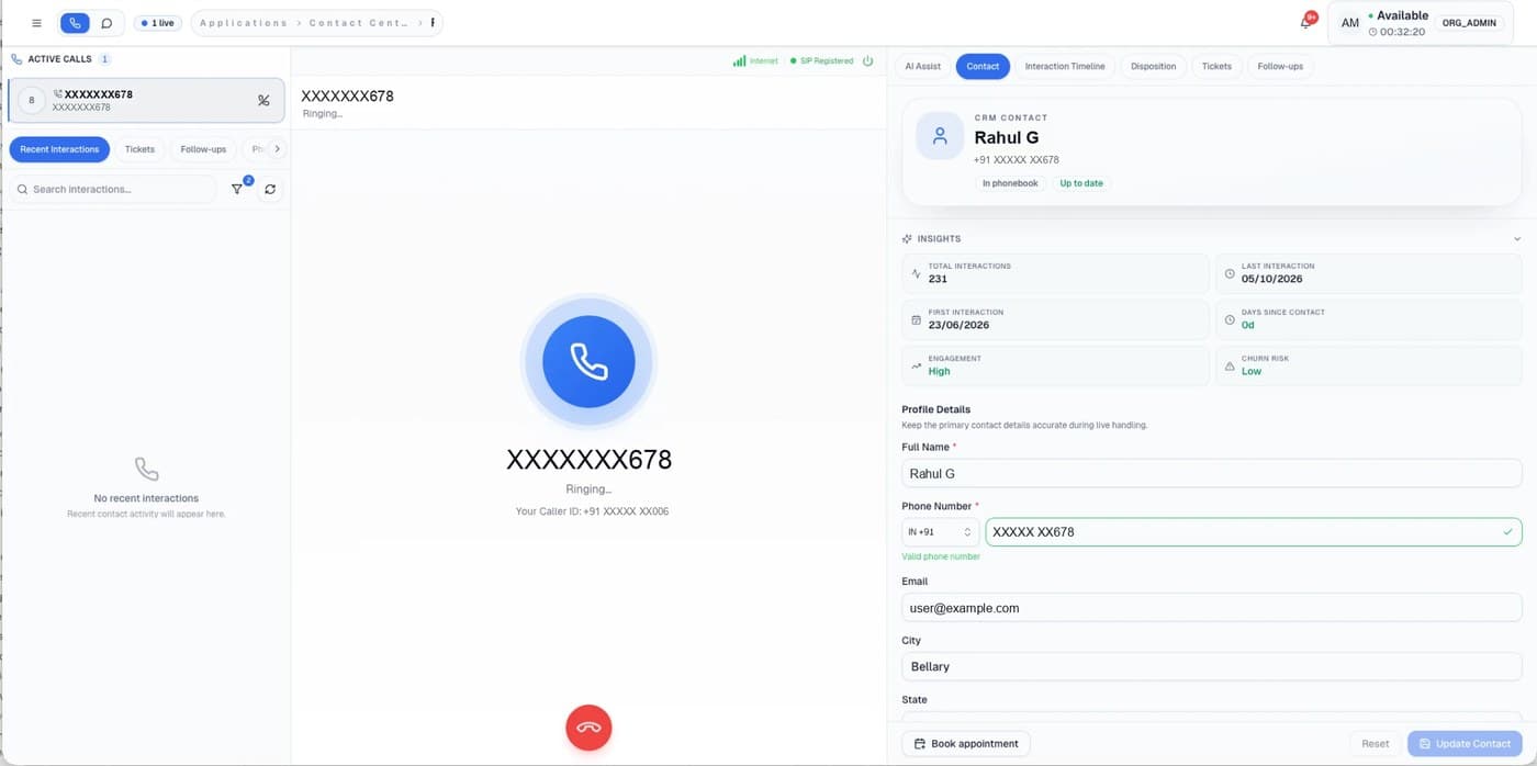 Outbound call ringing, with the contact's CRM record on the right
